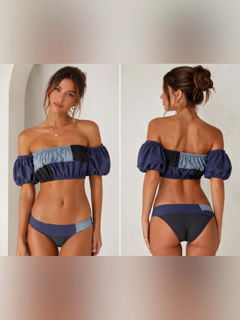 Lisa Marie Fernandez Bikini Set Women's XS Off Shoulder Color Block Blue Gray